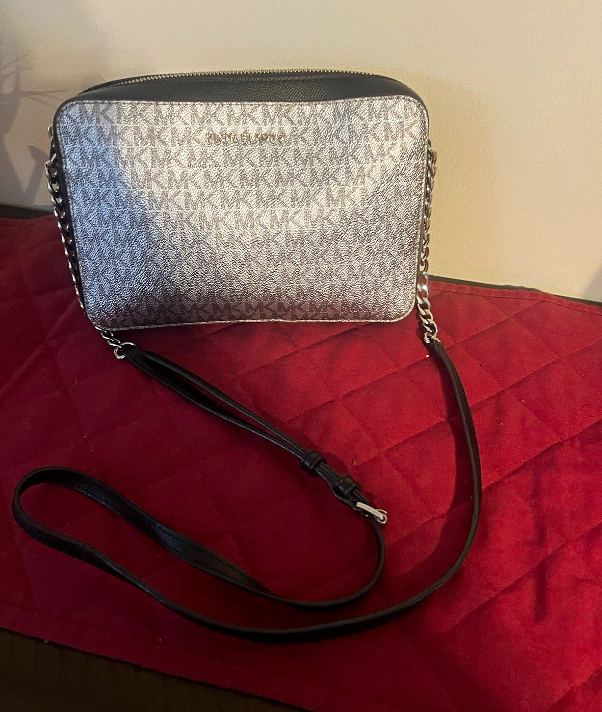 Michael Kors Signature MK Monogram Zip Small Crossbody Bag Black Silver Chain