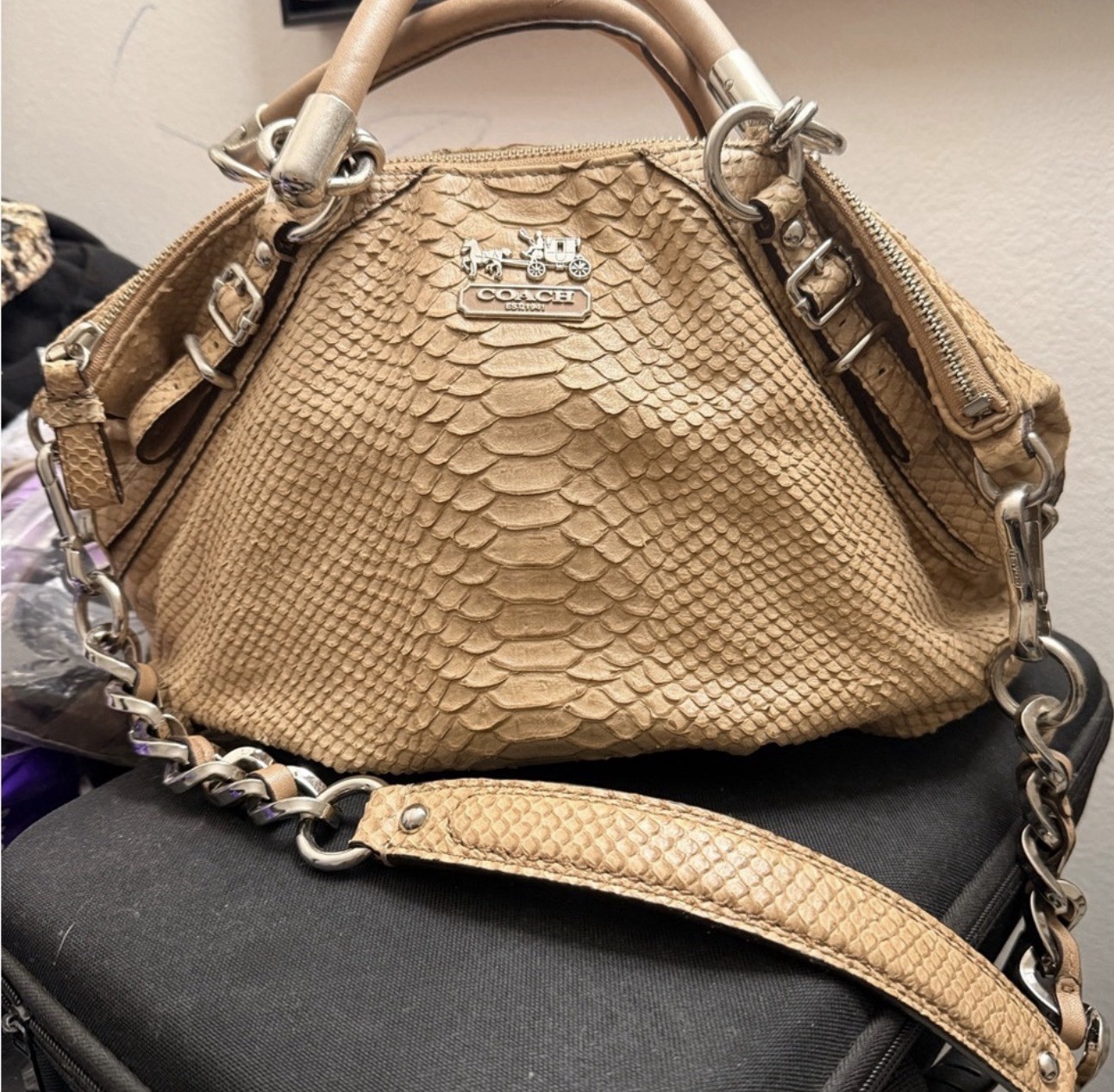Coach Beige Medium Snake Embossed Satchel Top Handle Chain Strap Zip