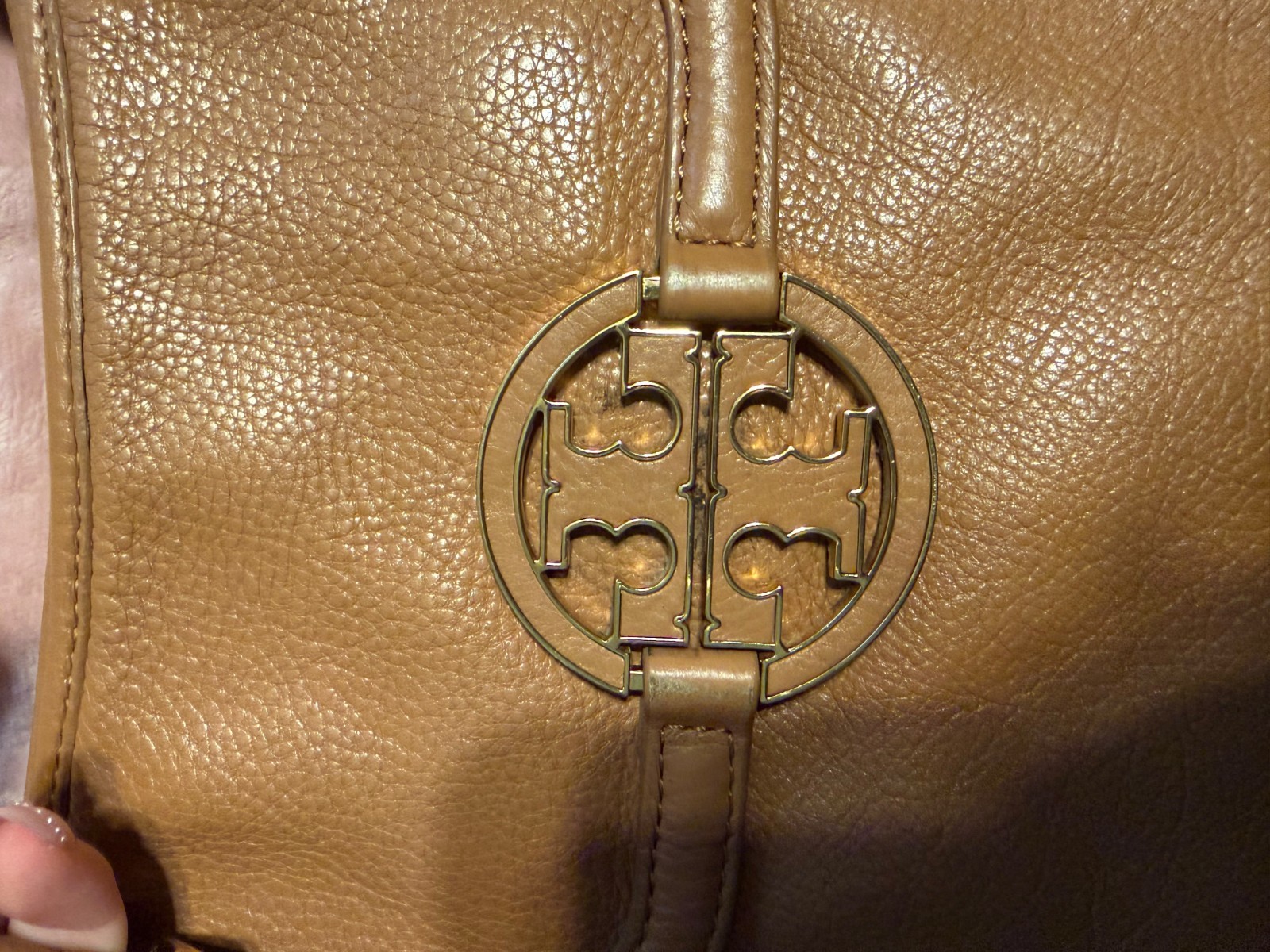 Tory Burch Brown Pebbled Logo Crossbody Shoulder Bag Detachable Strap Gold