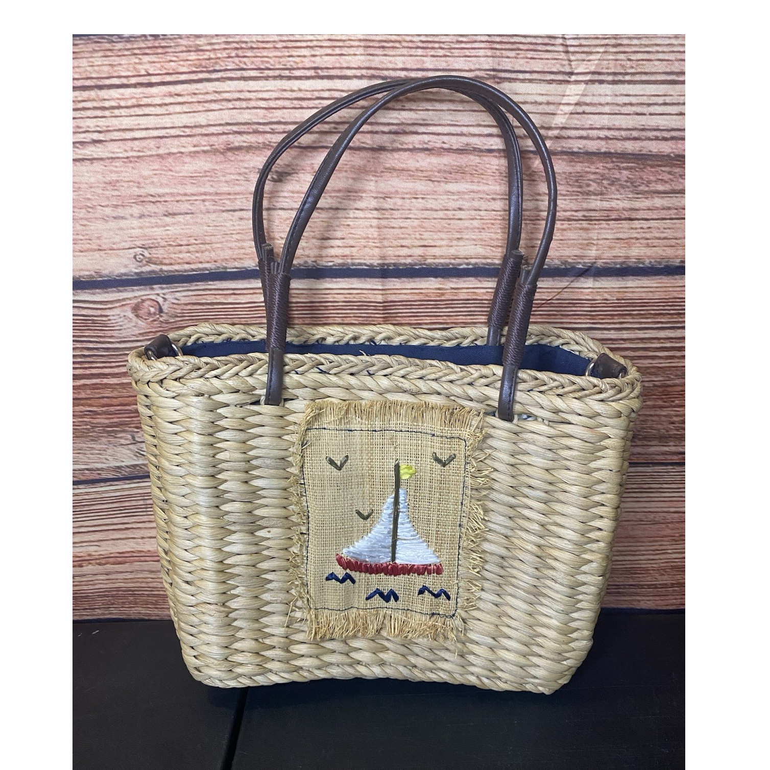 Woven Tan Tote Bag Embroidered Sailboat Nautical Blue Lined Zip Inner Pockets