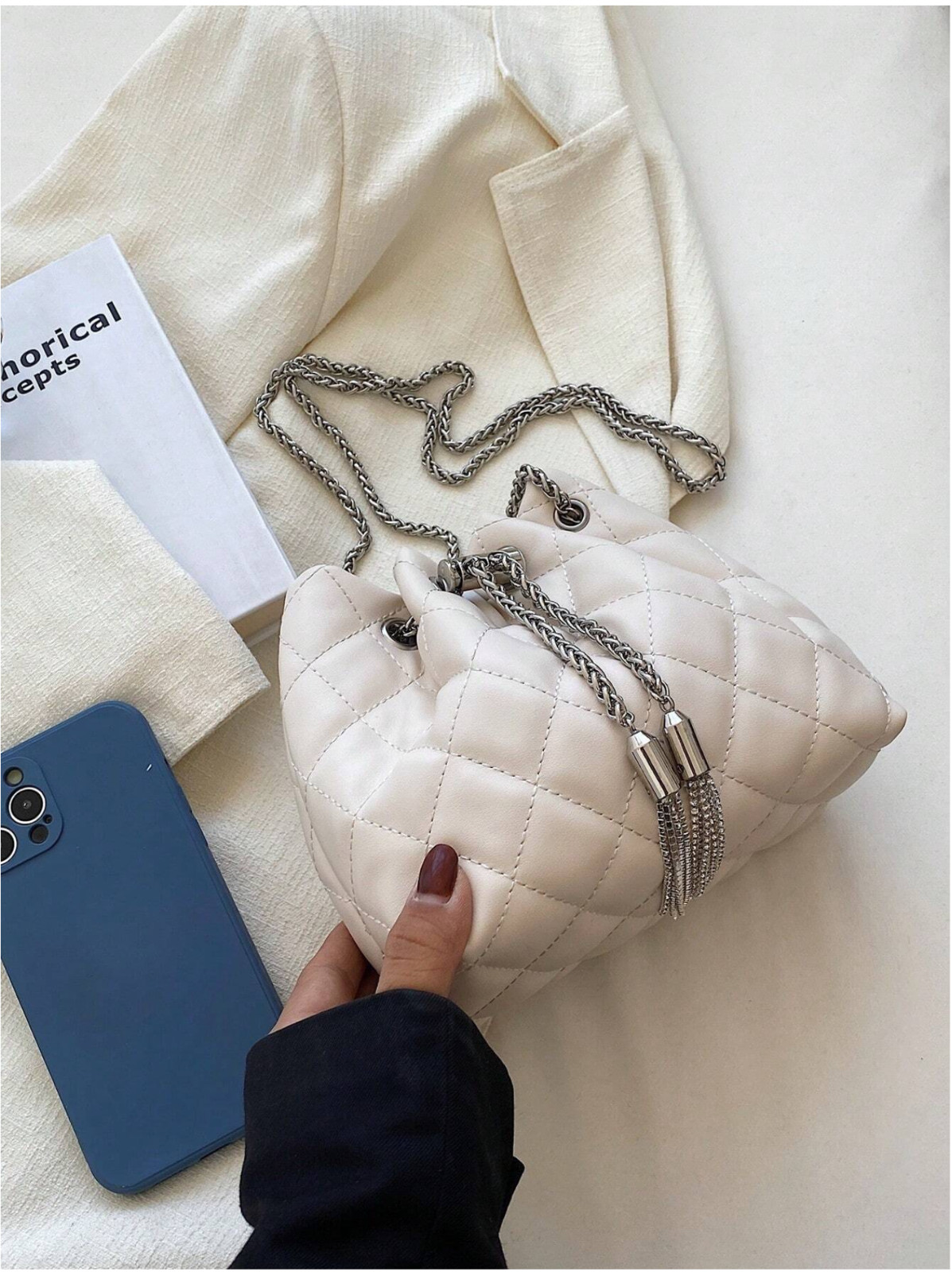 Apricot Mini Quilted Metal Tassel Decor Chain Bucket Bag