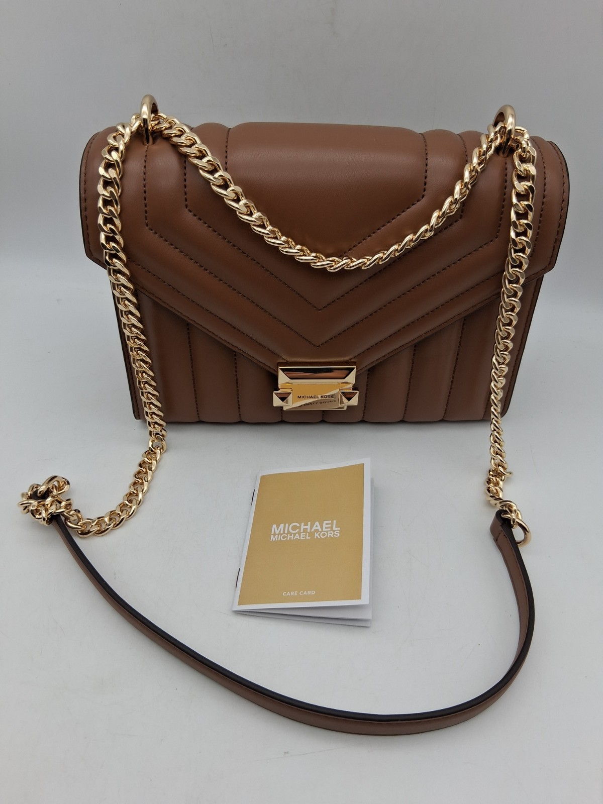 NWT Michael Kors Whitney Medium Quilted Shoulder Bag Luggage Brown