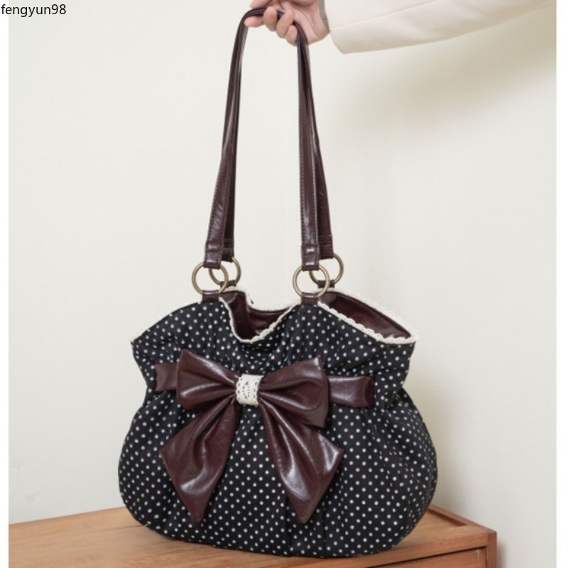 Chic Polka Dot Tote Bag Vintage Women Handbags Shoulder Bag Bow Sweet Bag