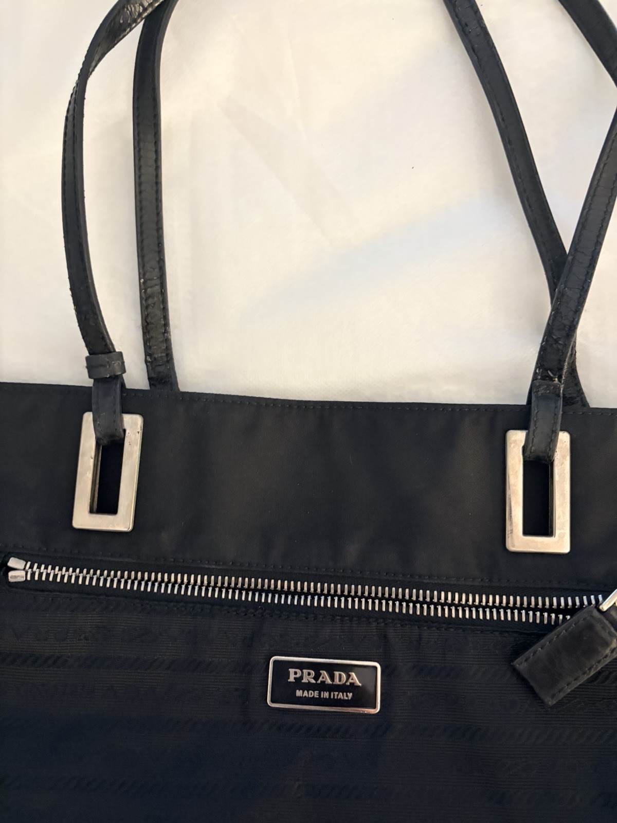 PRADA Black Jacquard Tote Bag Silver Hardware Leather Double Handles Zip Pockets