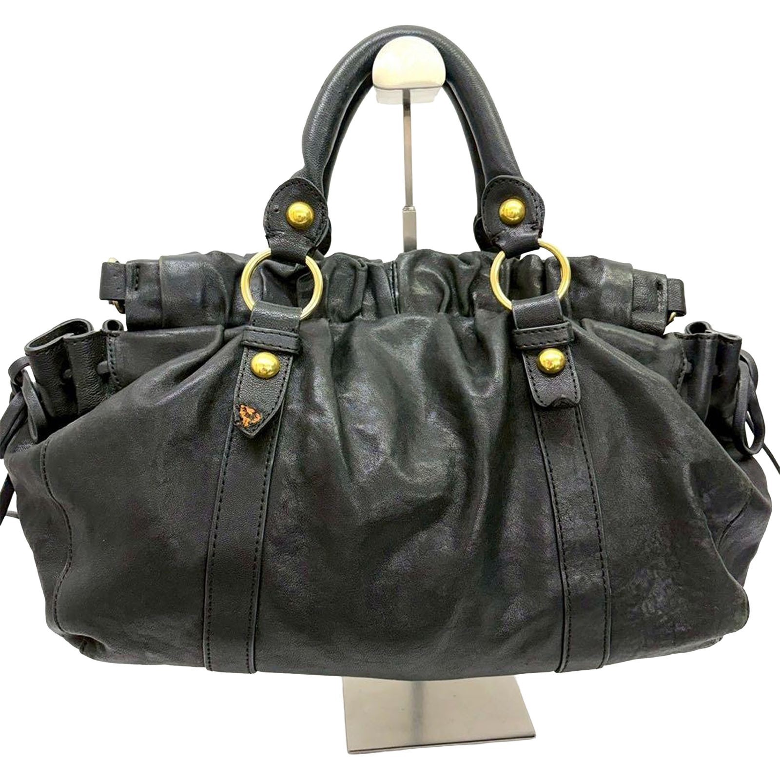 Miu Miu Vitello Lux Leather Gathered Bow Handbag Black Gold Hardware Auth Vtg