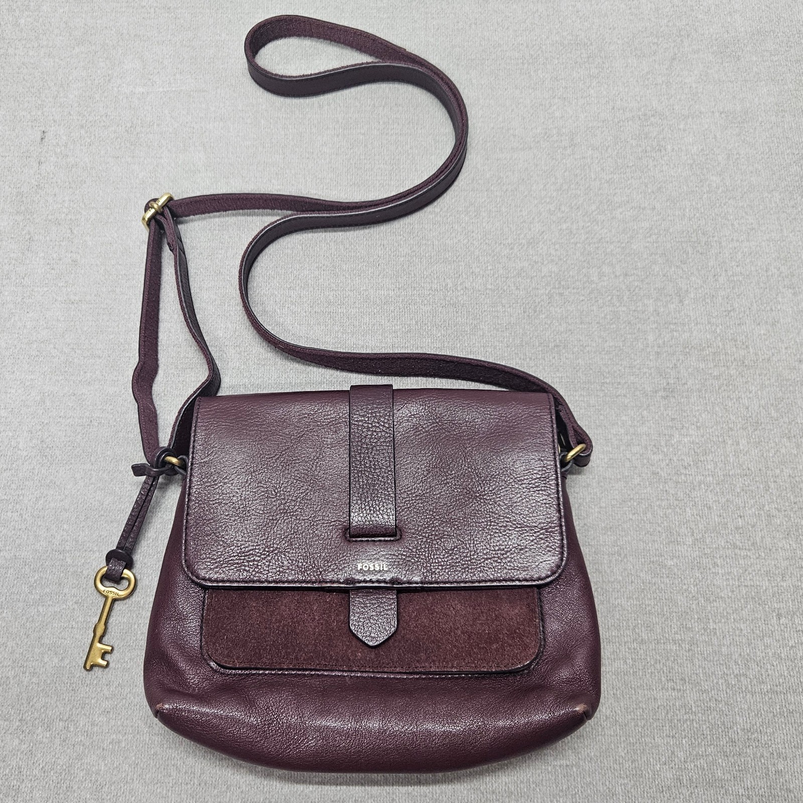 Fossil Kinley Maroon Wine Pebble Leather Suede Flap Snap Messenger Crossbody