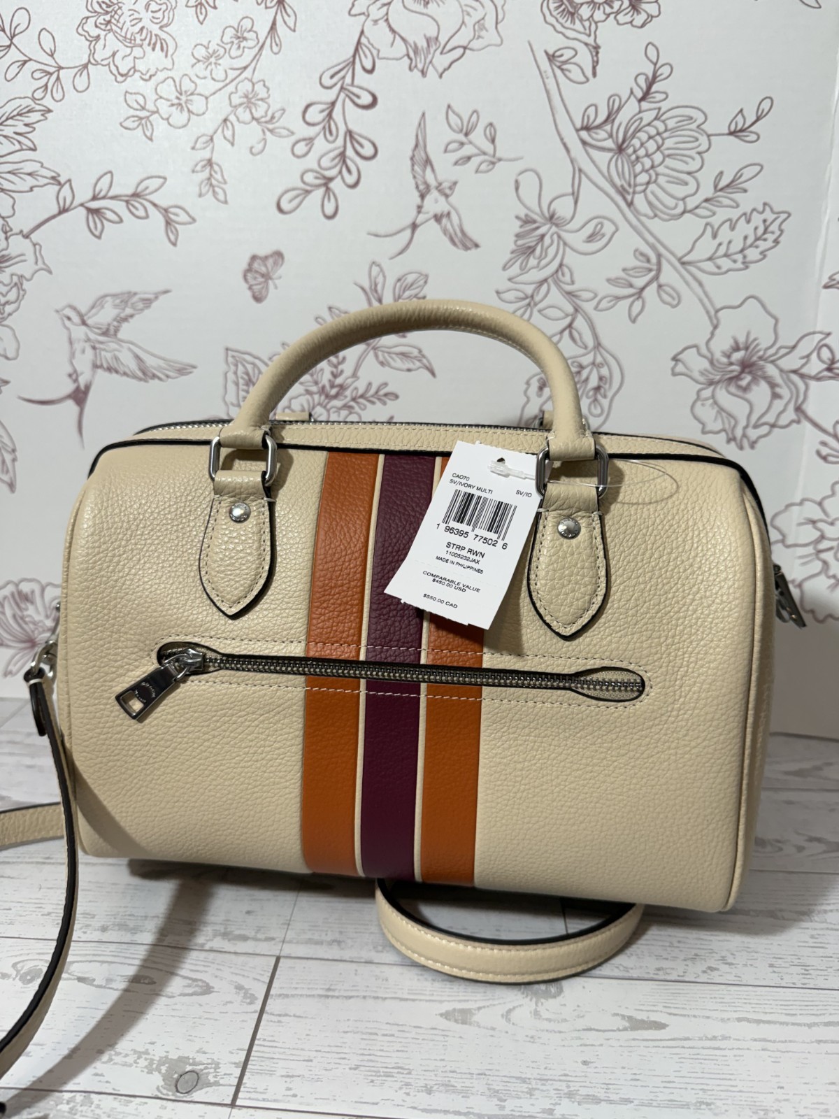 COACH Rowan Satchel Handbag Striped CAO70 Orange Purple Leather Women’s NWT
