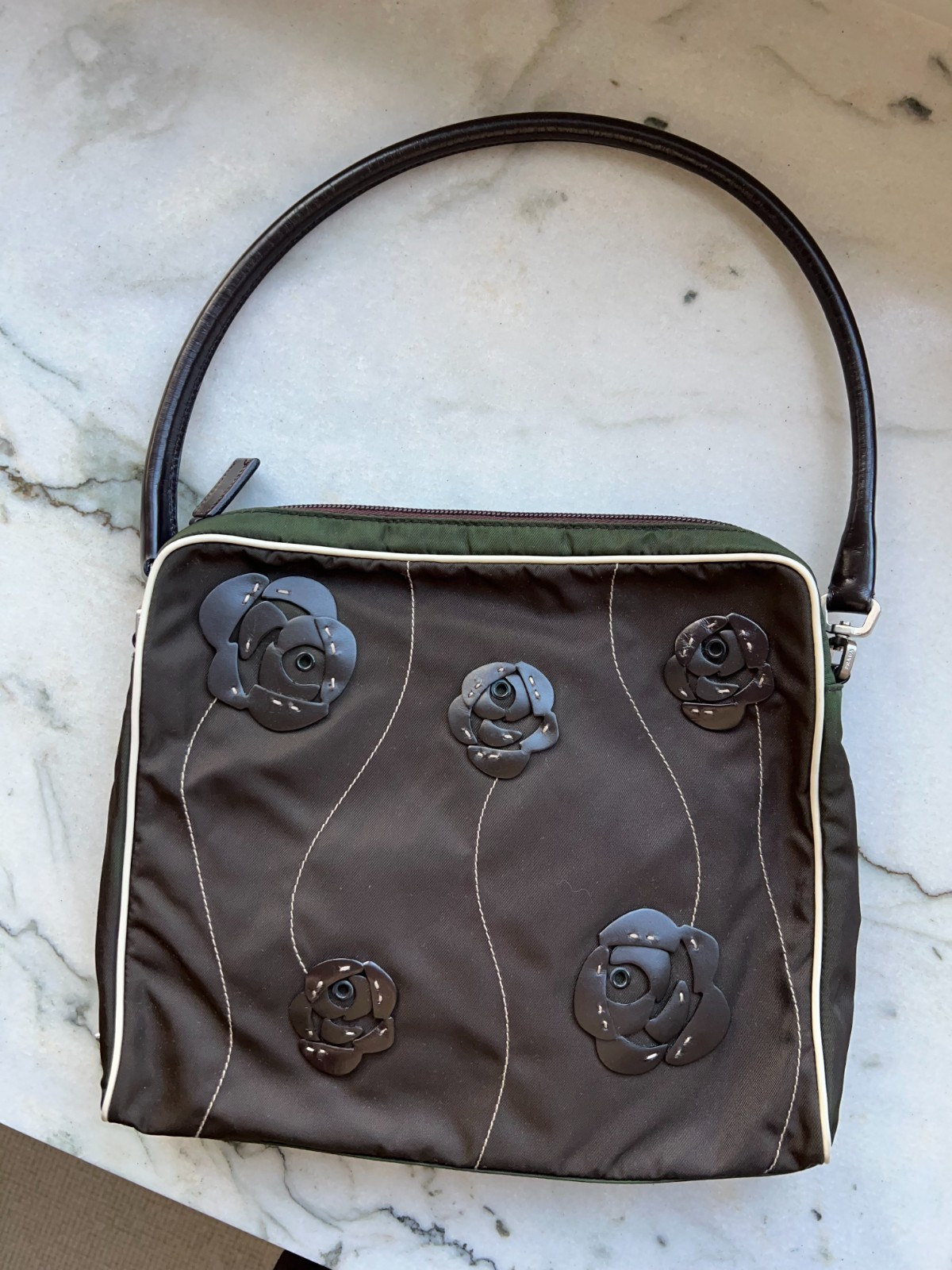 Vintage 90s Prada Tessuto Nylon Fiori Floral Brown/Green Shoulder Bag