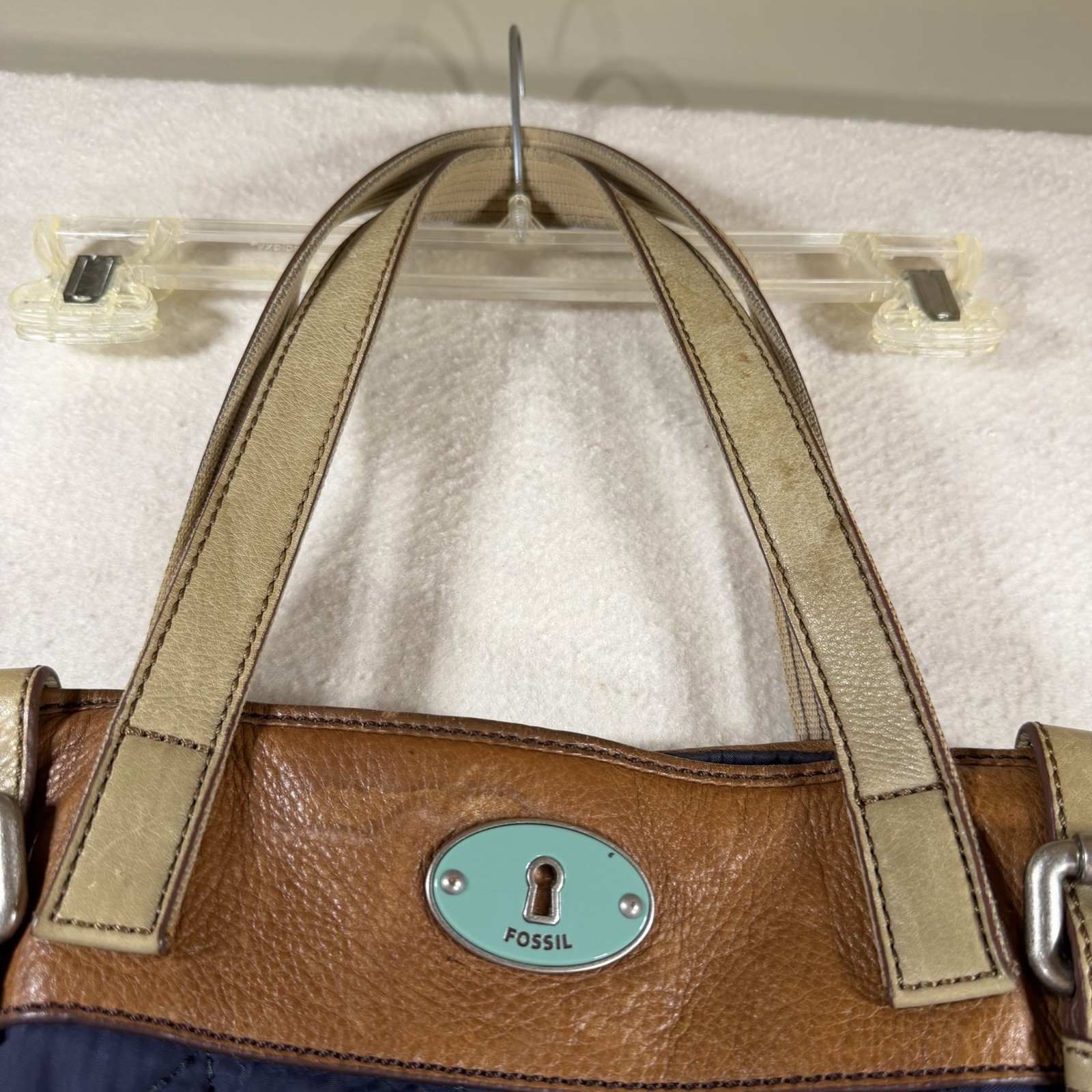 Fossil Key-Per Women’s Navy Tote Bag Purse Leather Cream Straps Quilted Fabric