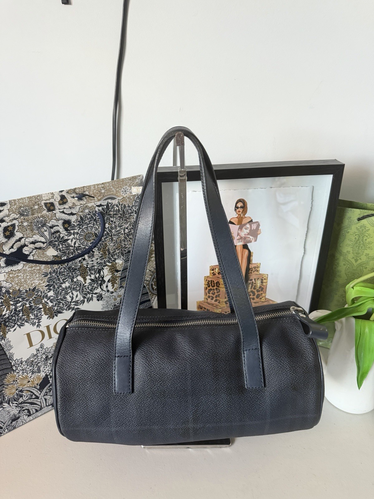 Authentic Burberry Overdyed Horseferry Barrel Bag Navy Blue Plaid Leather Boston