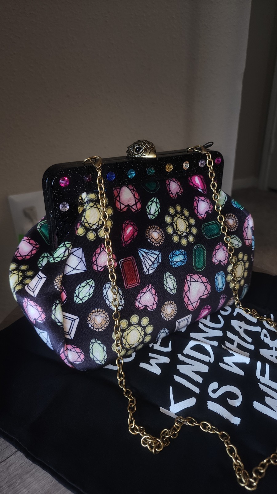 NWT Kurt Geiger Frame Clutch Crossbody Velvet Black Multi Jewled print