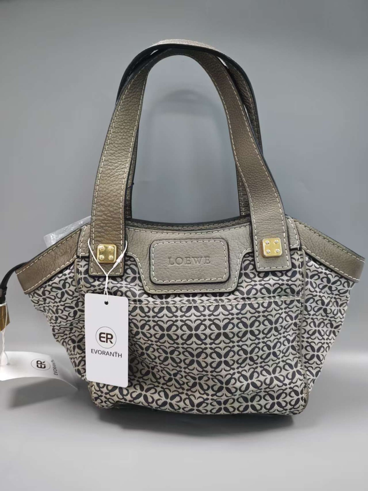 LOEWE 337.12.N36 Anagram Monogram Canvas Leather Trim Small Tote Bag