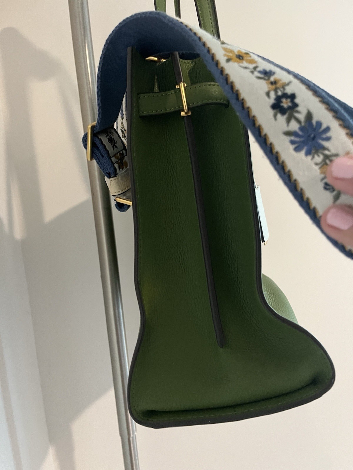 Tory Burch Walker Spinach Green Leather Webbing Strap Satchel/Tote Bag EUC