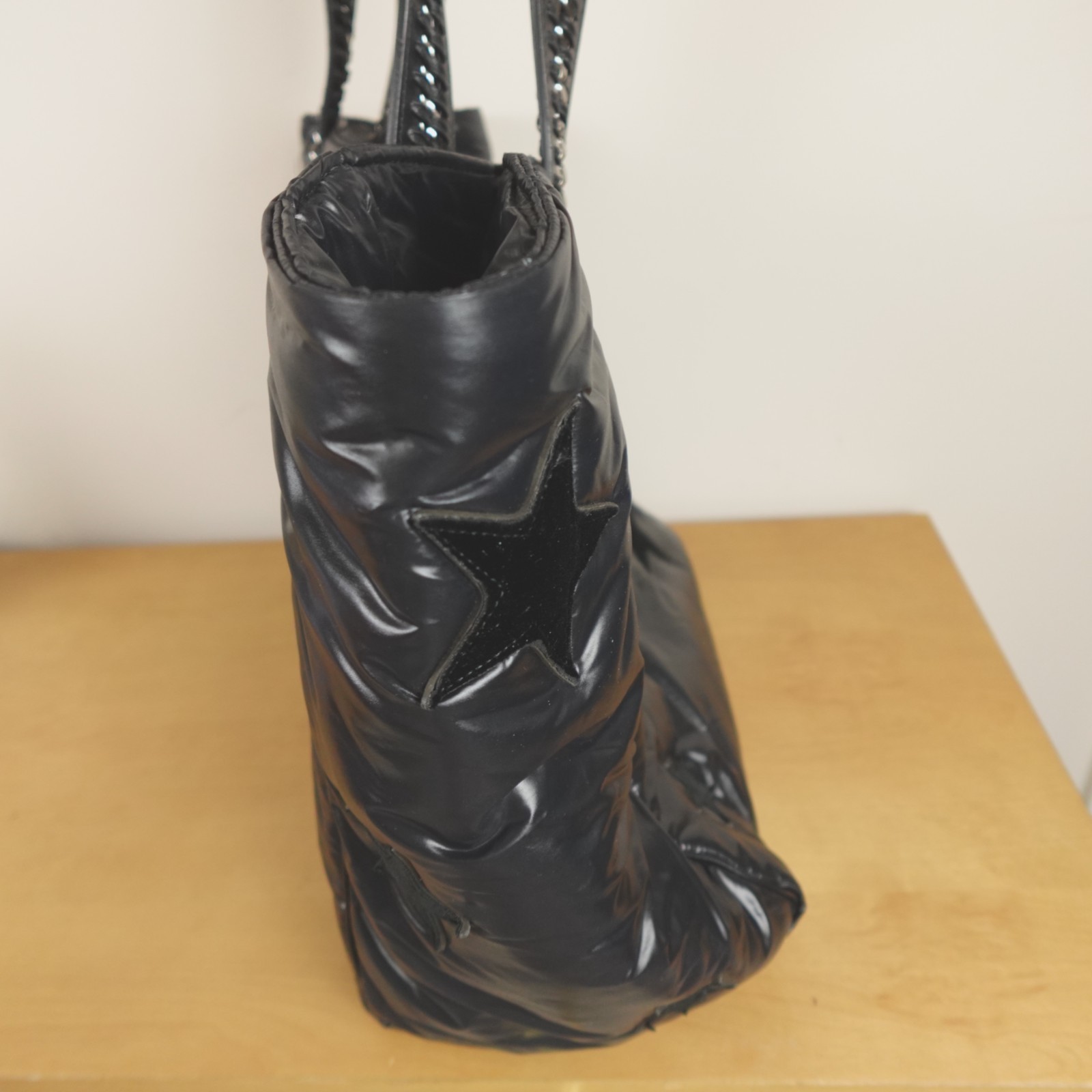 Stella McCartney Falabella Go Tote Bag Black Nylon Velvet All Over Stars Puffy
