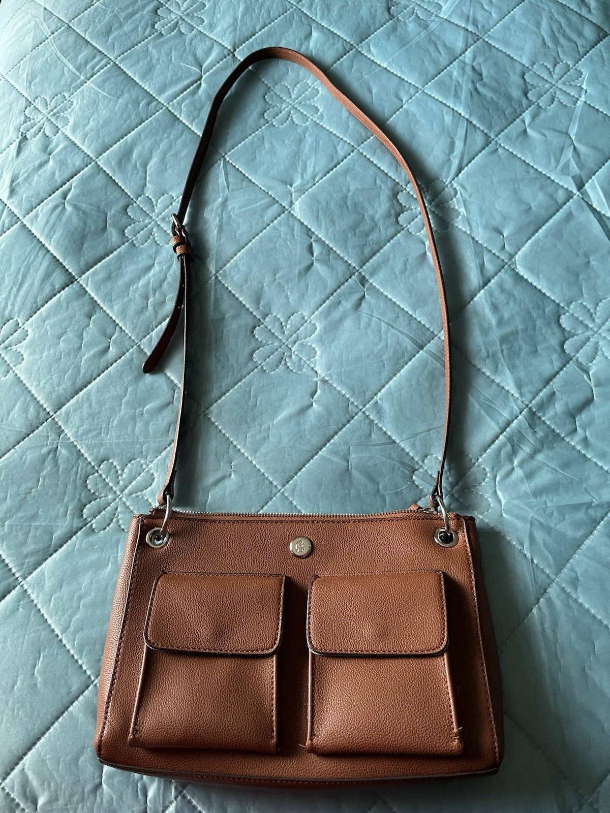 Chaps Solid Brown Crossbody Bag Zip Closure, Silver Hardware, Adjustable Strap