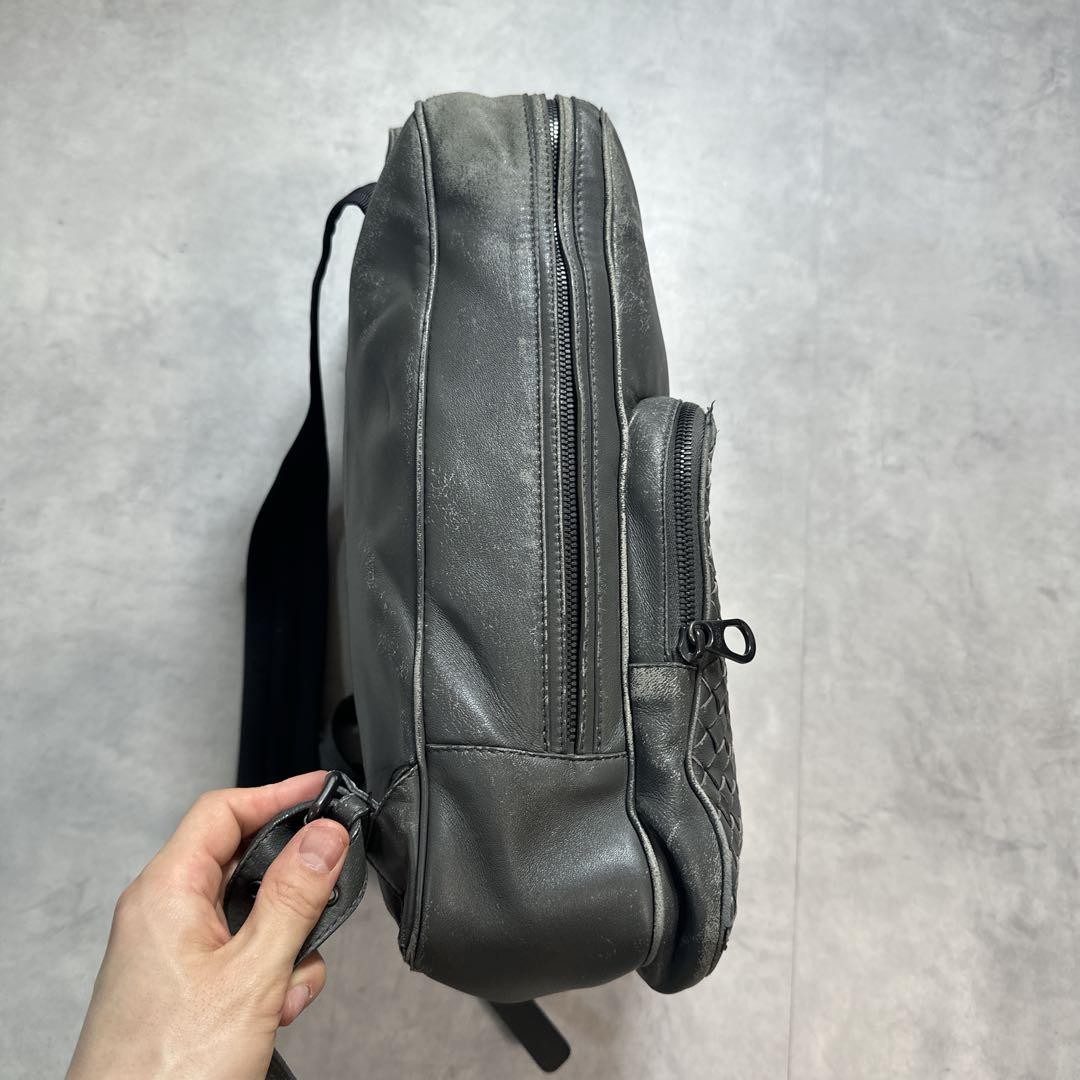 Bottega Veneta Intrecciato Backpack Gray Leather Rucksack Bag 10.2x15x2.4 inches