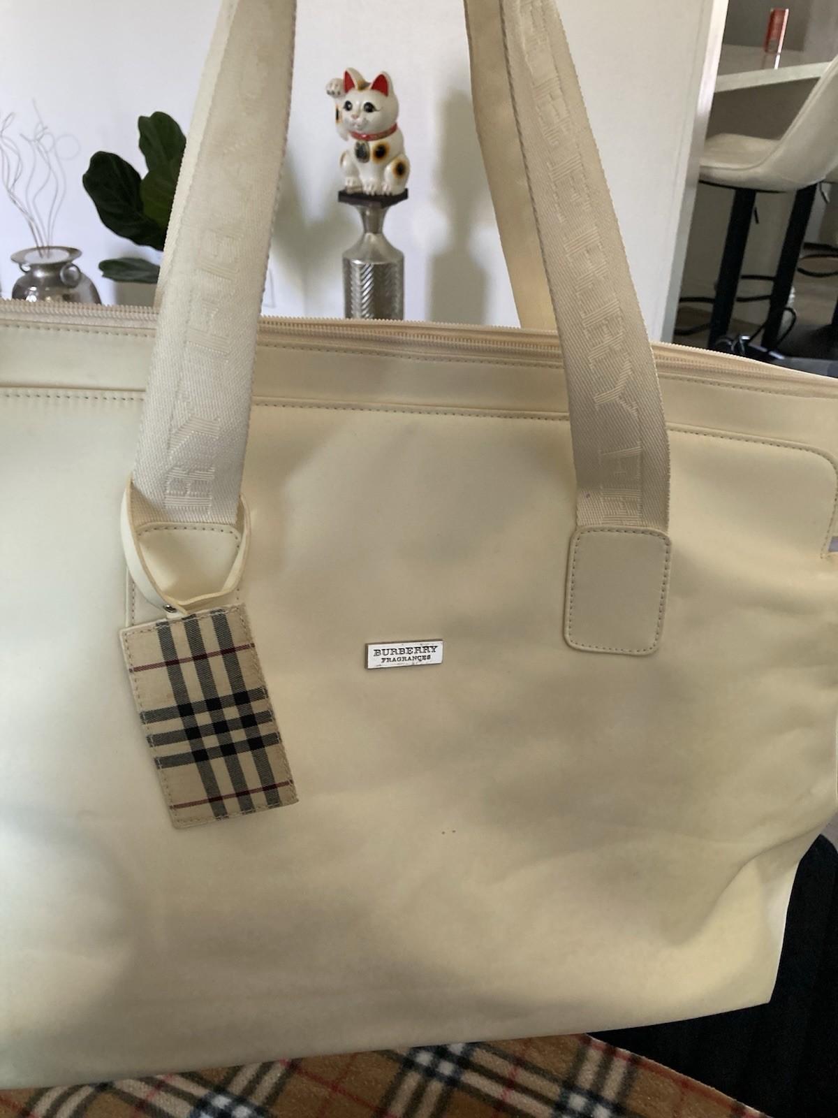 Burberry Ivory Plaid Accent Tote Bag with Zip Closure and Plaid Tag