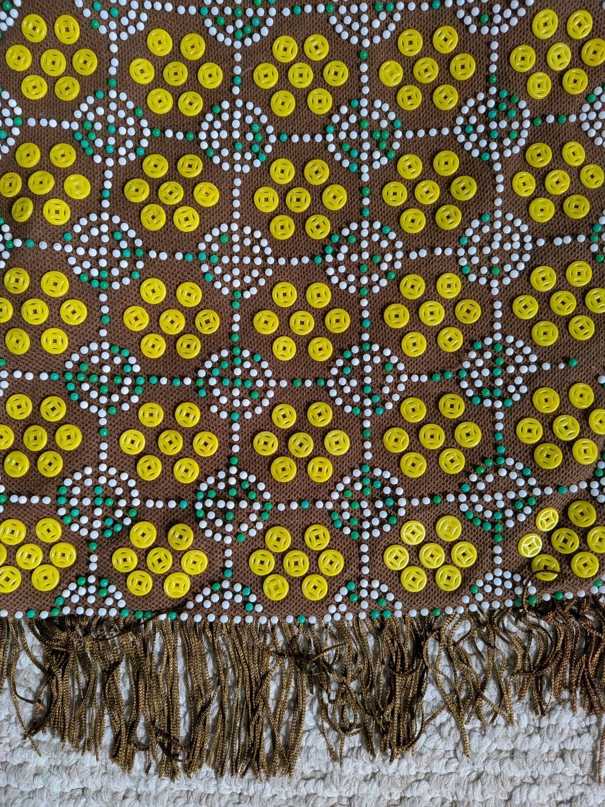 Vintage Boho Colorful Shoulder Bag Brown Yellow Button Beaded Fringe Zip Women