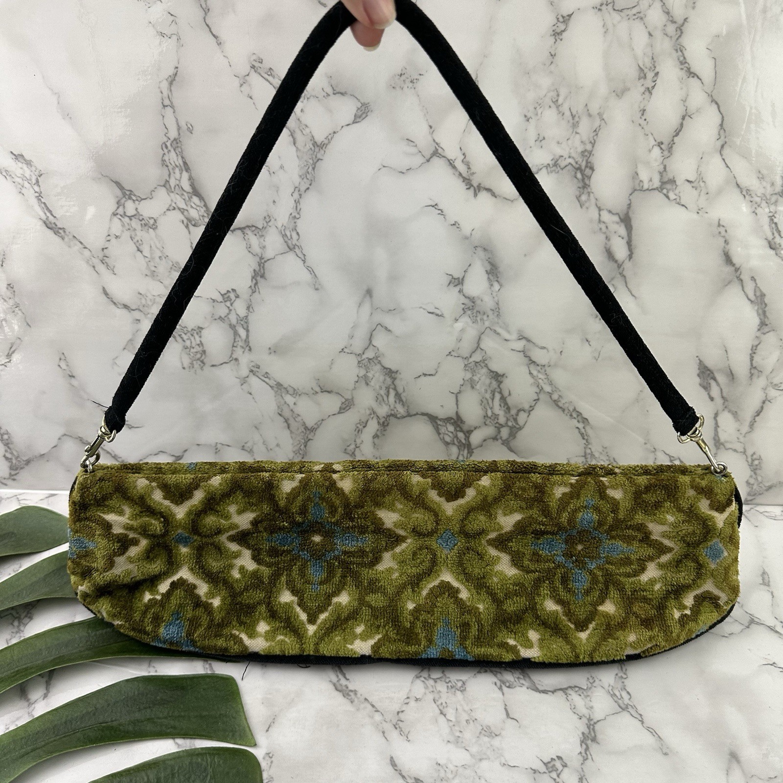 Offhand Designs Knitting Project Shoulder Bag Vintage Fabric Green Carpet Purse