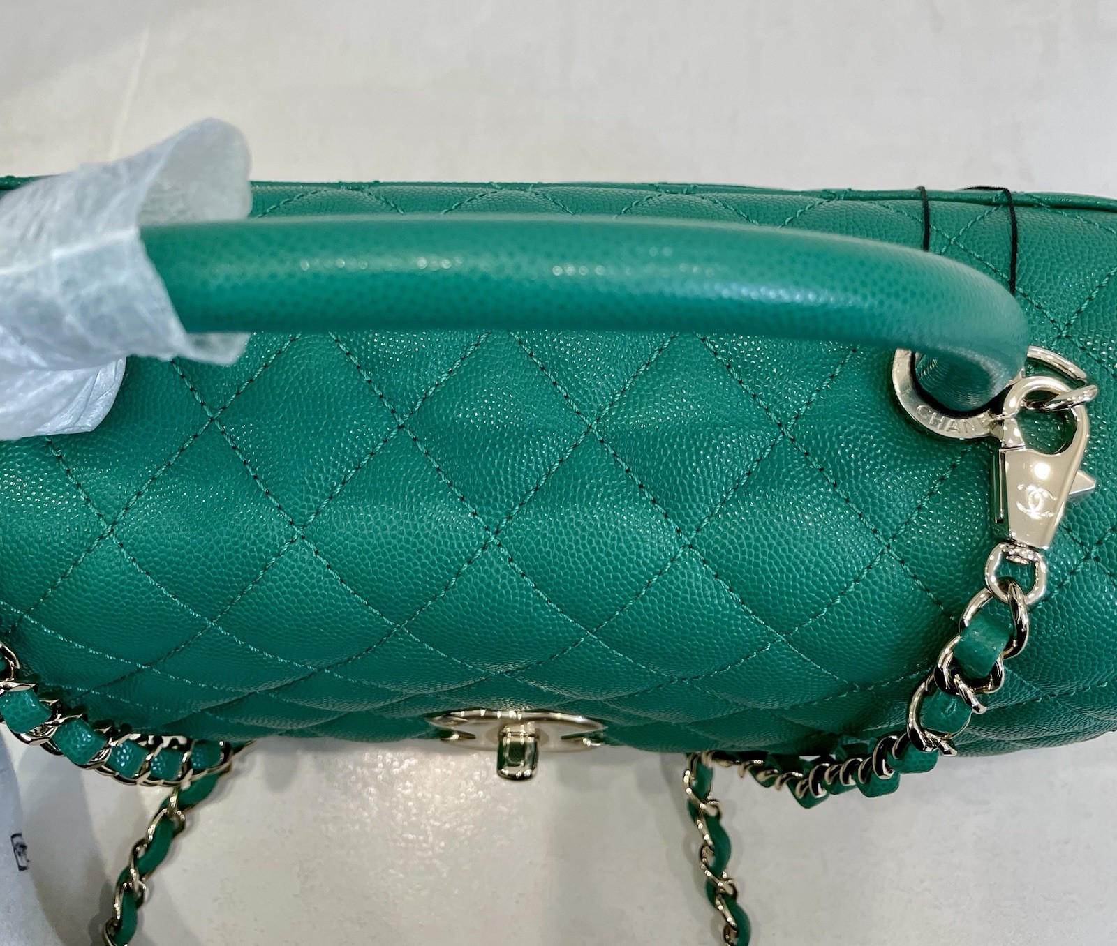 New 22A CHANEL Medium Large Flap Coco Top Handle Green Caviar Gold Bag RECEIPT
