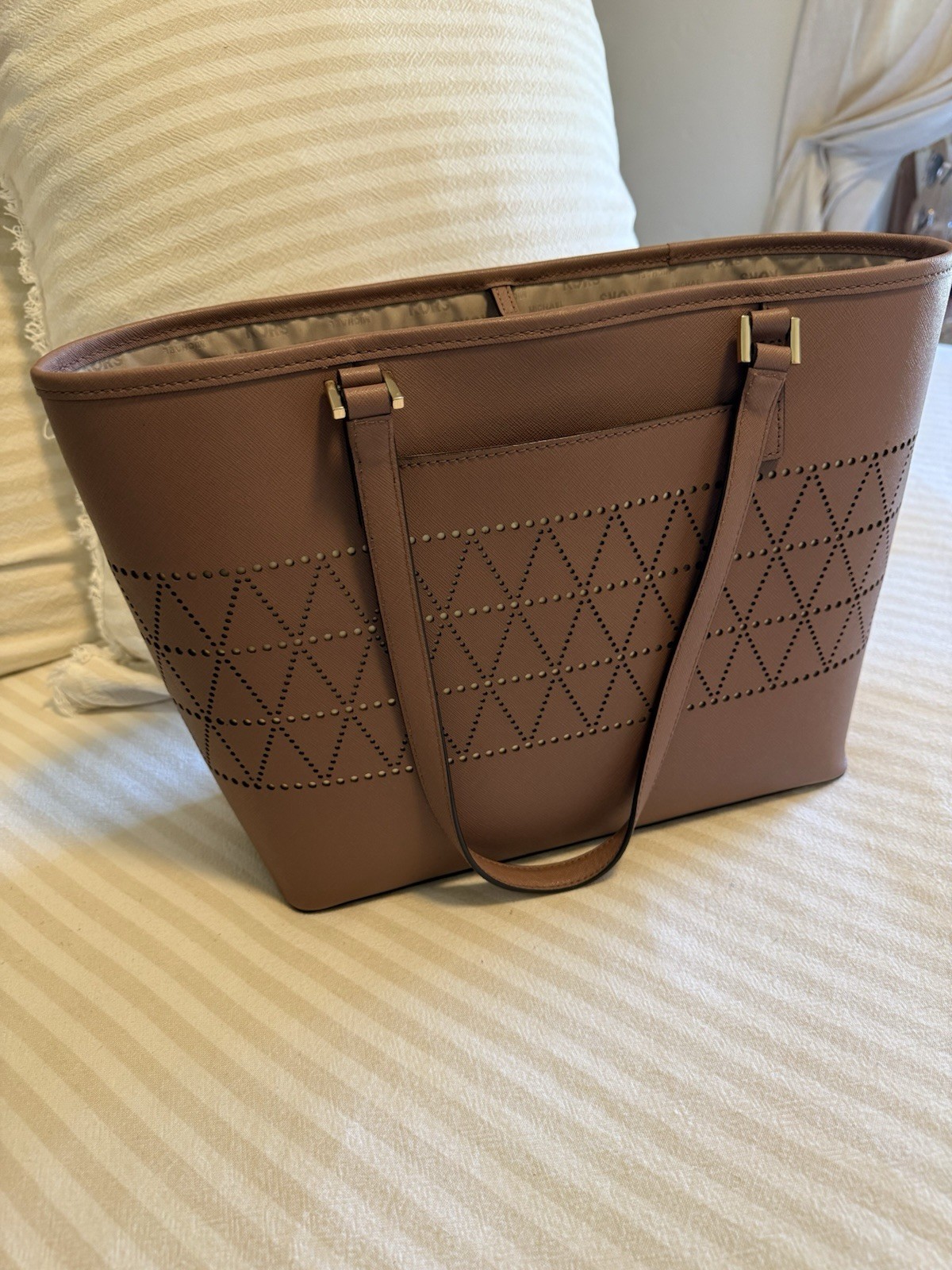 Michael Kors Brown Large Tote Handbag w/ Wallet Logo Gold Hardware Zipper