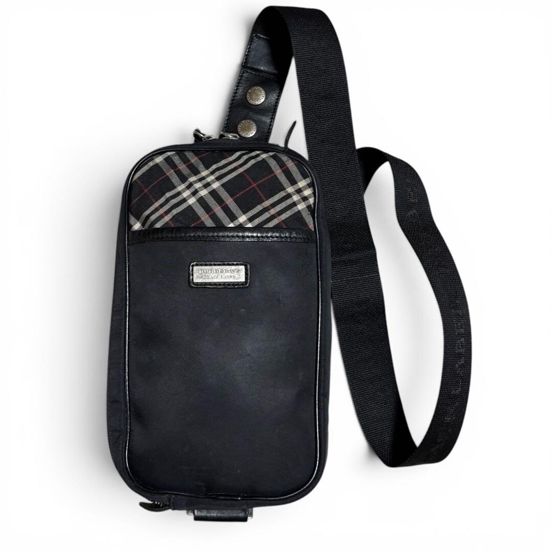 Burberry Black Label Plaid Leather Fabric Body Bag Logo Plate Black Auth