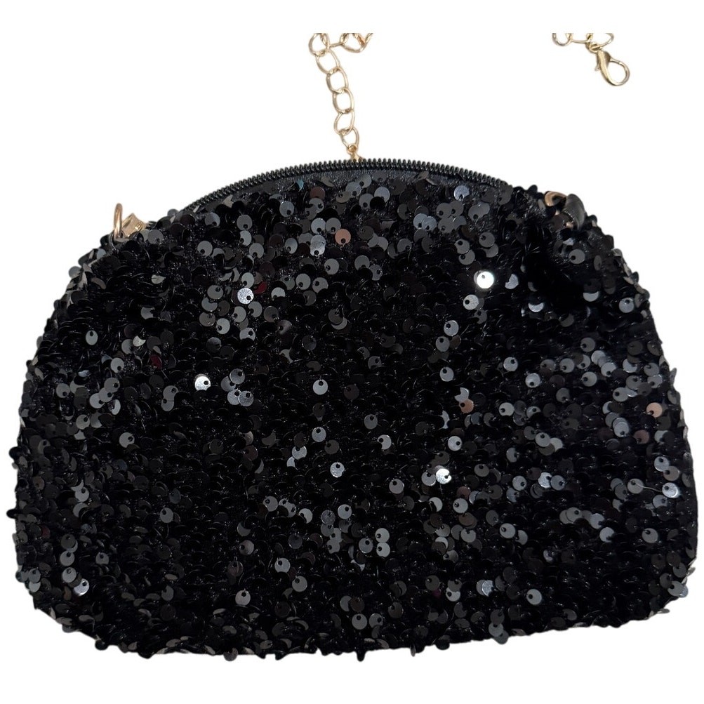 Sequin Black Pouch Clutch Evening Bag Formal Chain Shoulder Party Shiny Purse