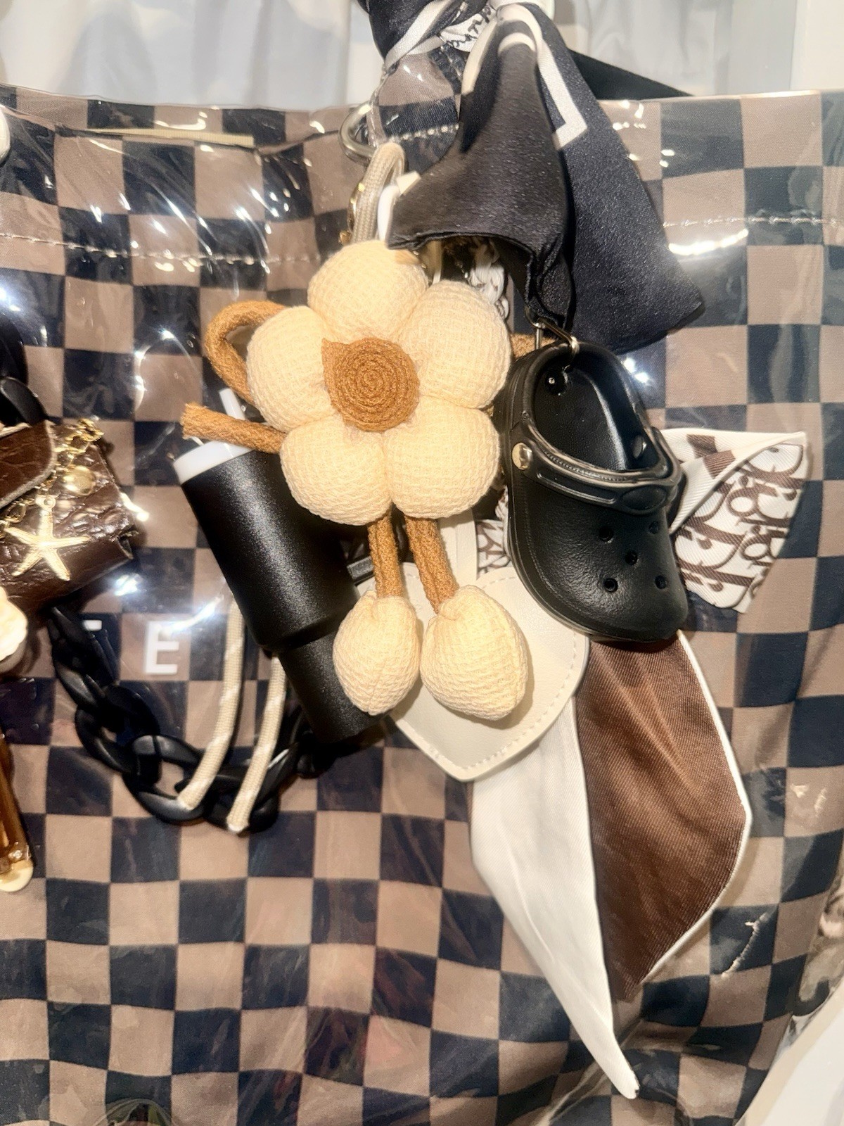 Brown & Black Checkered Vinyl Tote Bag adorned with charms! 🤎🖤