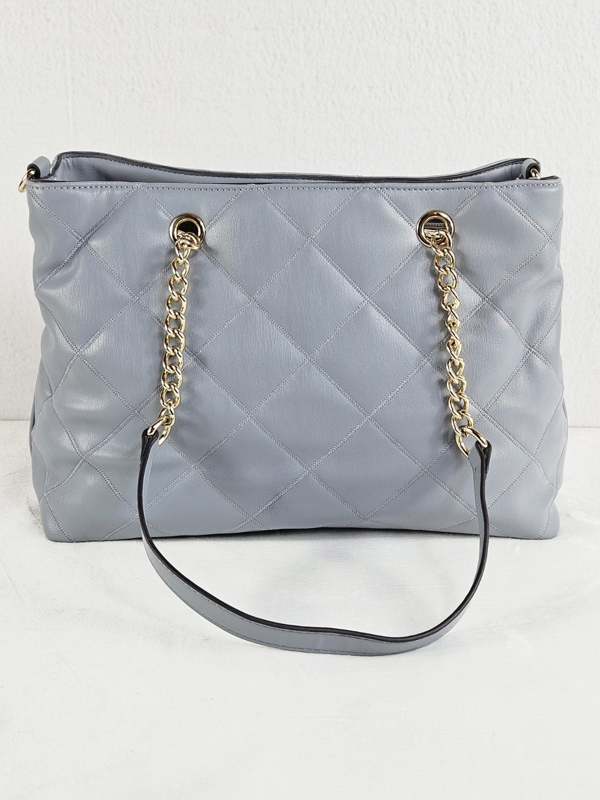 Nine West Sidonie Quilted Carryall Tote Bag Blue Grey Gold Chain Strap Shoulder