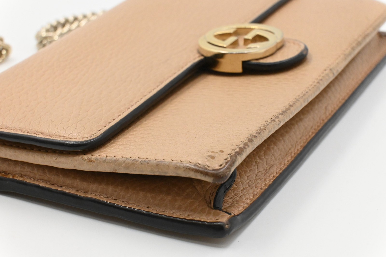Authentic Gucci Interlocking G Chain Wallet in Beige Leather