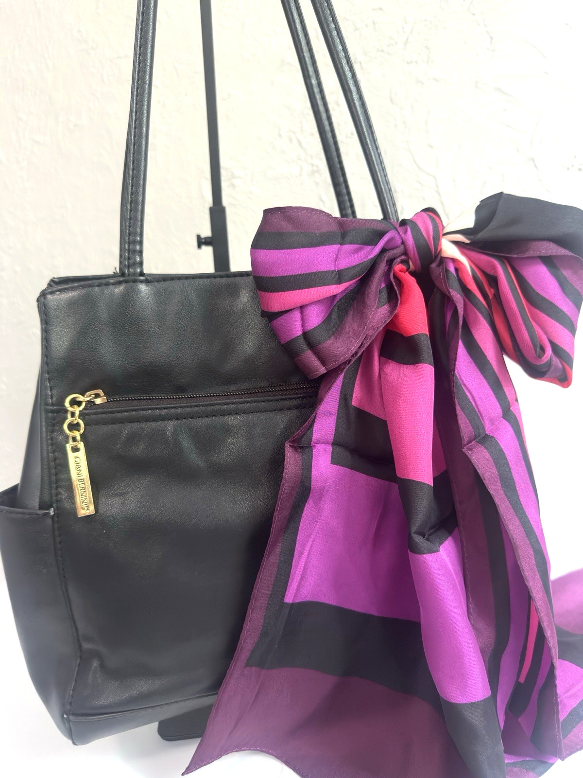 Giani Bernini Black Leather Shoulder Tote Bag + Anne Klein 100% Silk Scarf