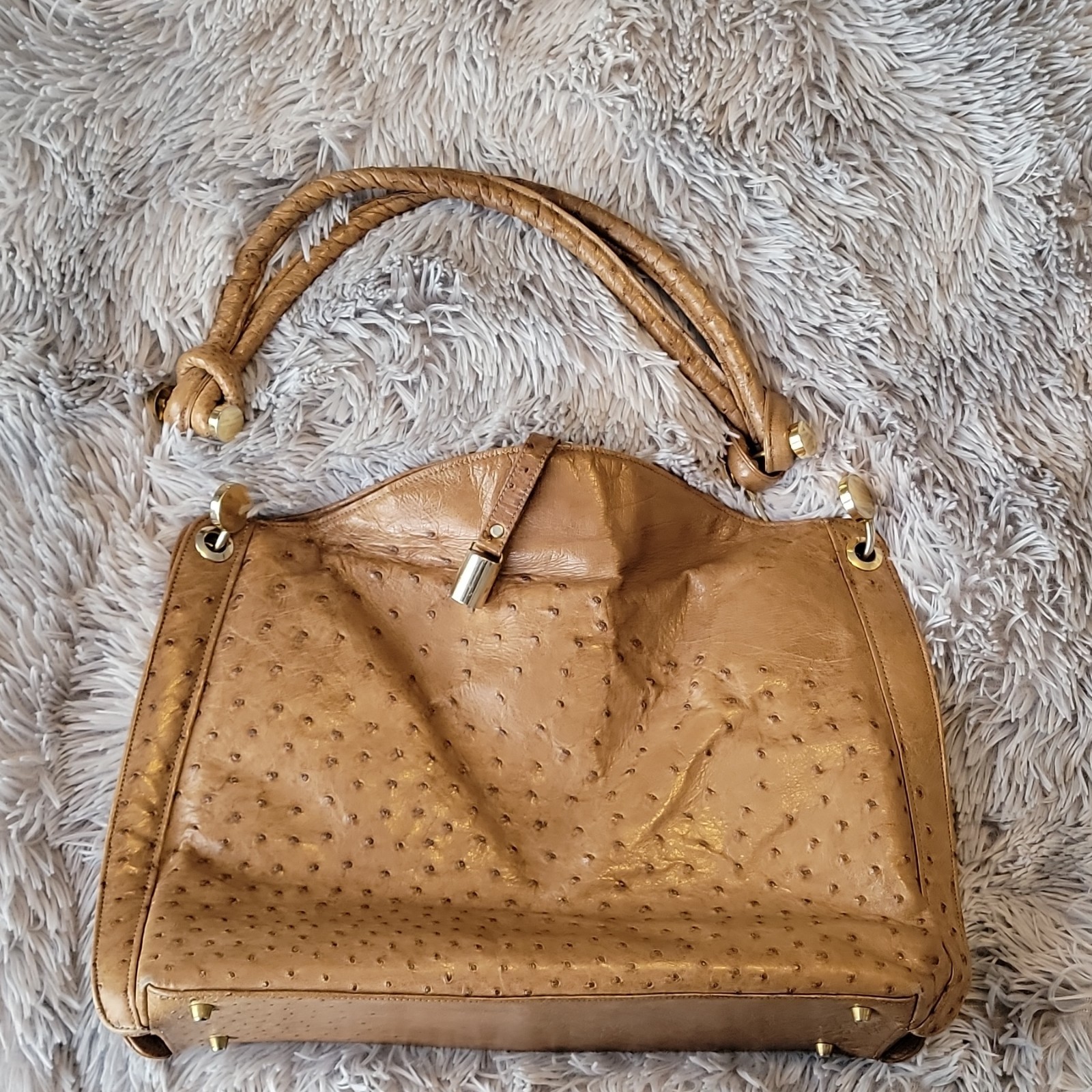 Cape Cobra Brown Ostrich Pattern Shoulder Bag, Magnetic Closure, Gold Hardware