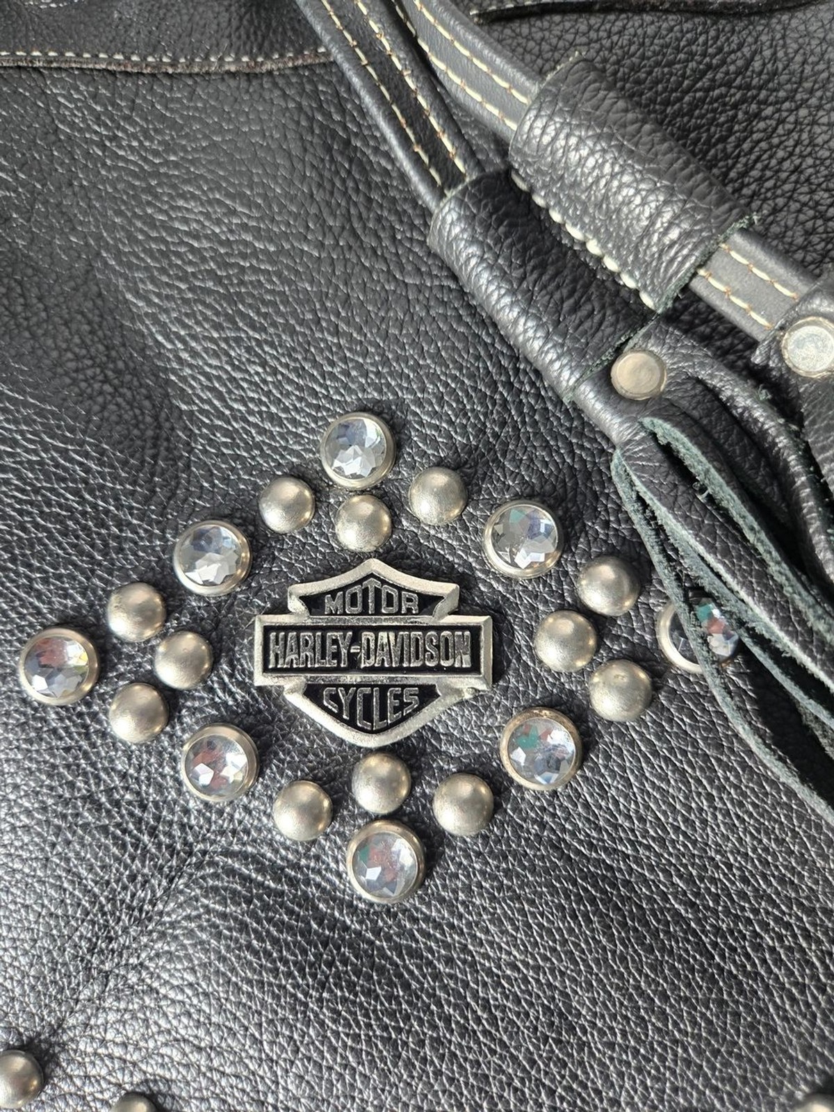 Vintage Y2K Harley-Davidson Black Leather Studded Drawstring Crossbody Bag