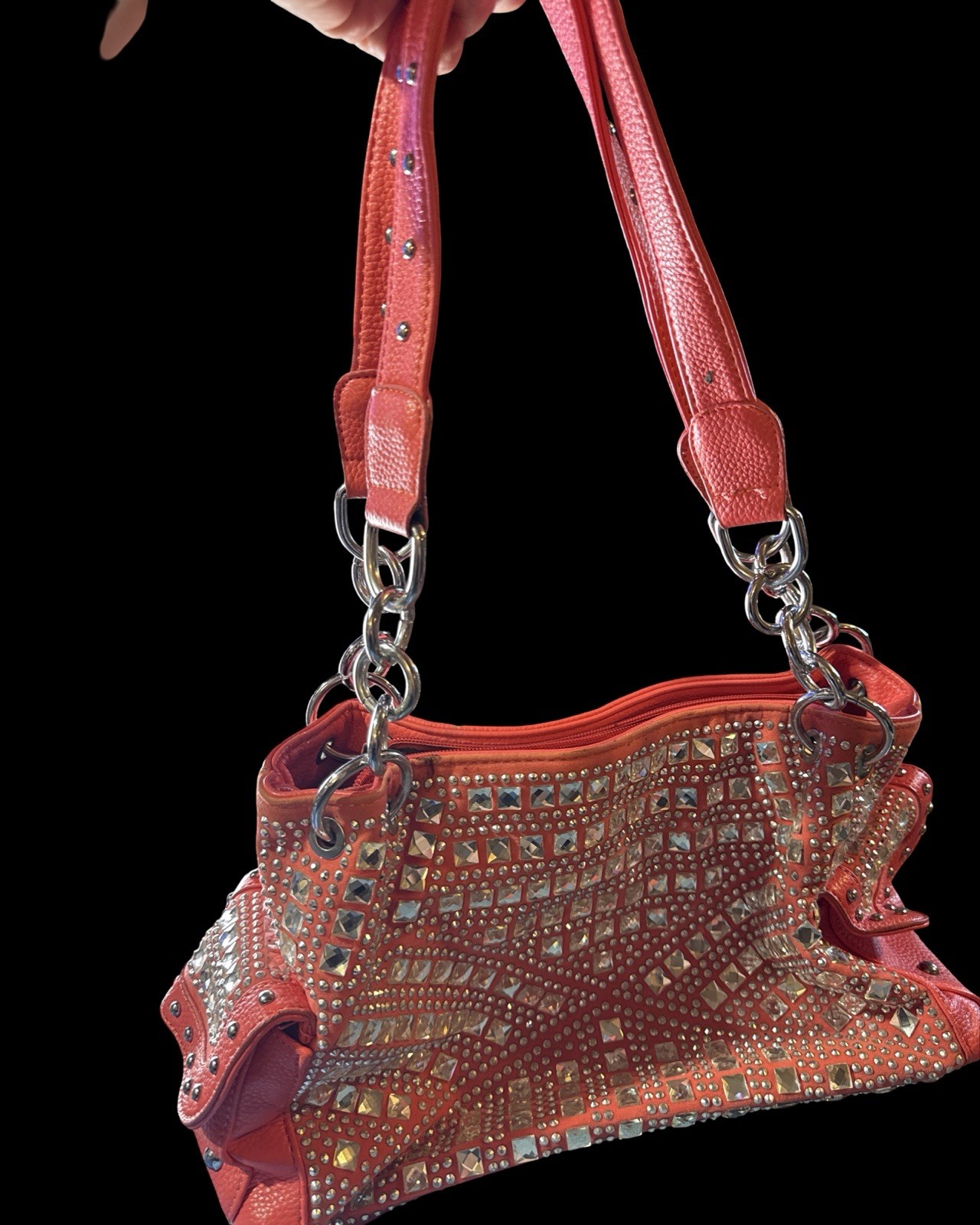 Pink Studded Shoulder Bag Chain Strap Rhinestone Embellished Punk Style Purse