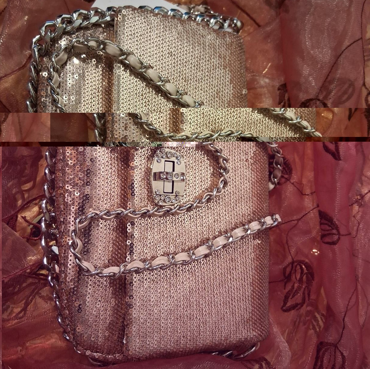 Gold Sequin Clutch Shoulder Bag, Chain Strap, Turn-Lock Closure, Lined