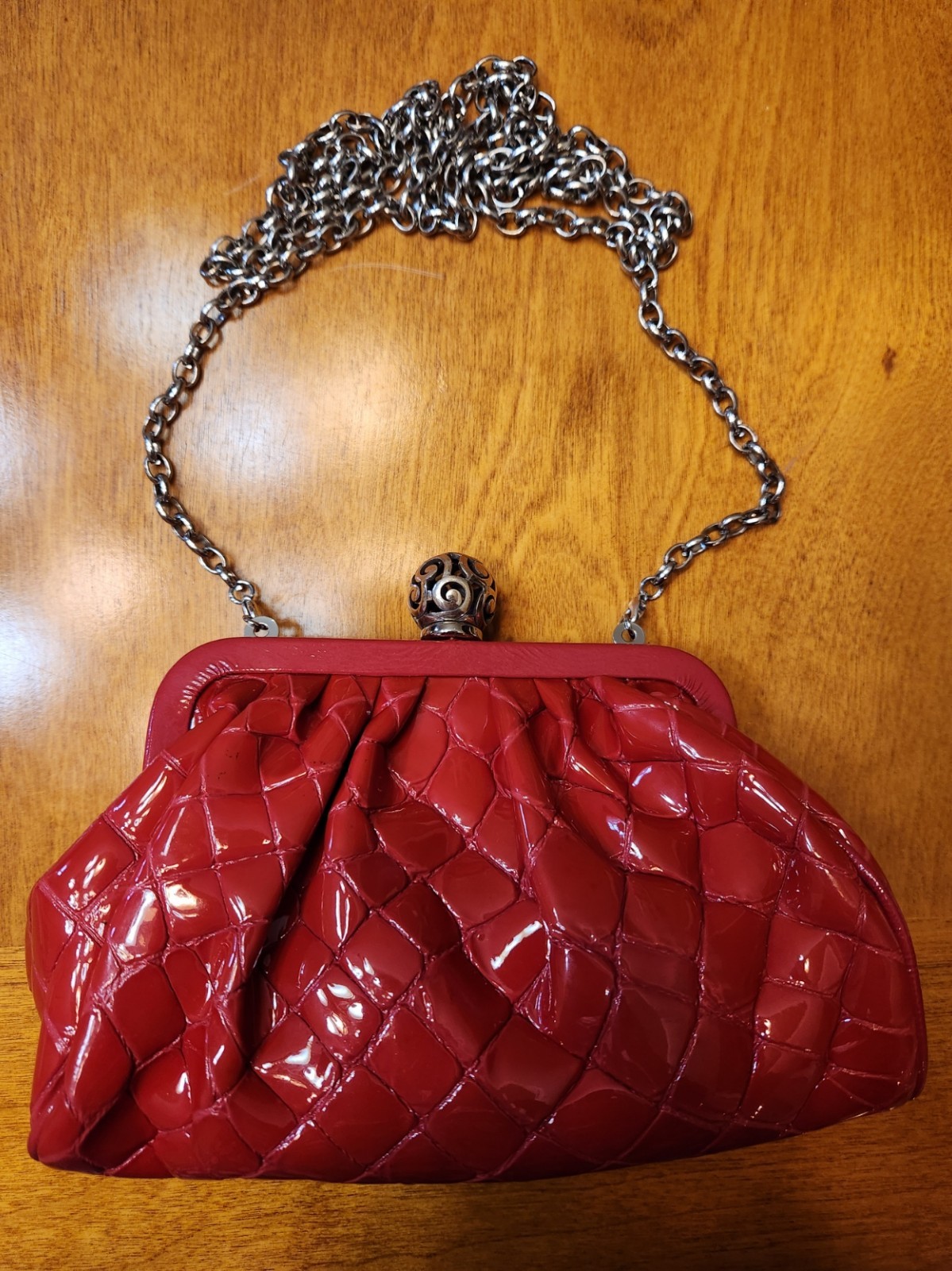 Brighton Red Patented Leather City Coin Purse Clasp Silver Chain Strap NWOT
