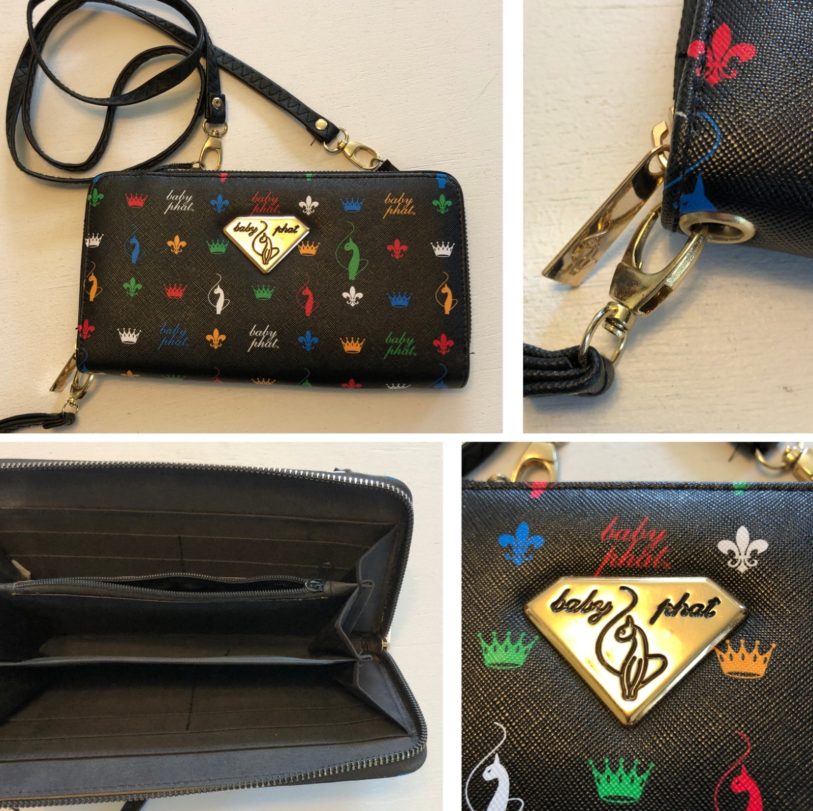BABY PHAT Black Crossbody Wristlet Shoulder Clutch Handbag Cat Crown LOGO