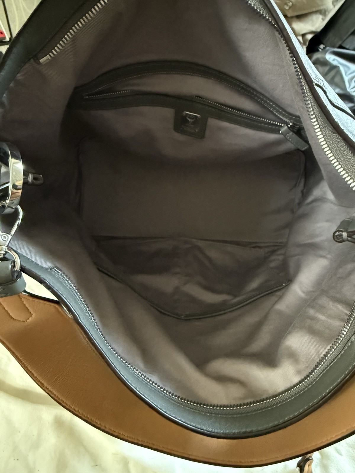 MCM Gray Logo Embossed Shoulder Bag Zip Closure Inner Pockets w/ Dust Bag