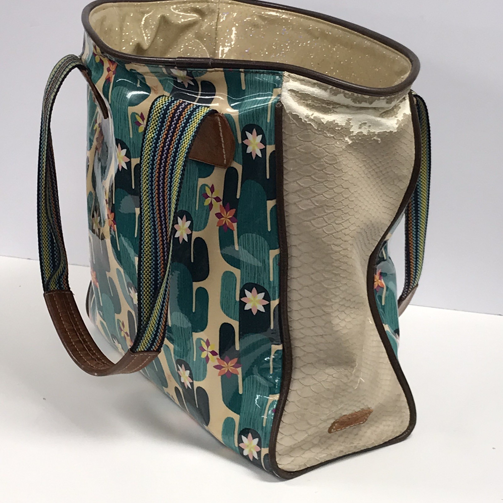 Consuela Classic Tote Purse Blue Cactus Print 2 Handle Leather Trim Distressed