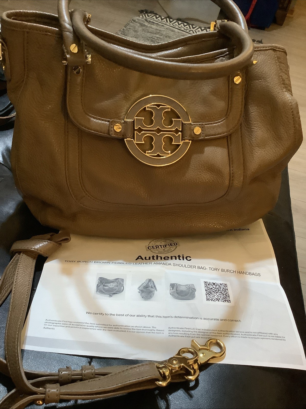 Authentic Tory Burch Brown Pebbled Leather Amanda Crossbody/Shoulder Bag
