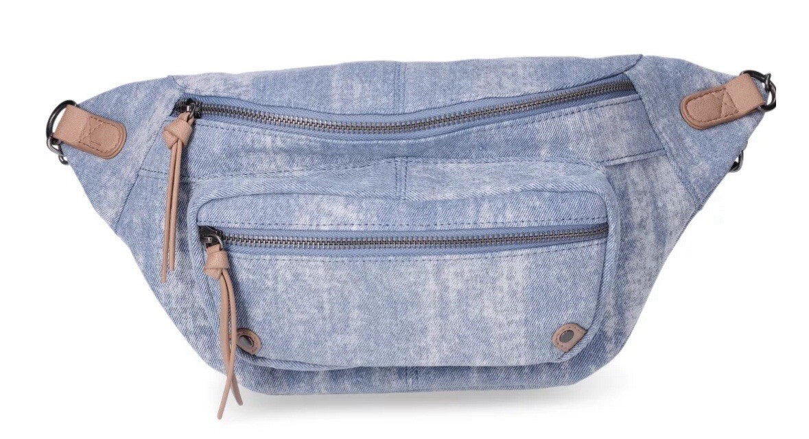 No Boundaries Women’s Casual Stonewash Denim Fanny Pack 2 Front Zippers Pockets