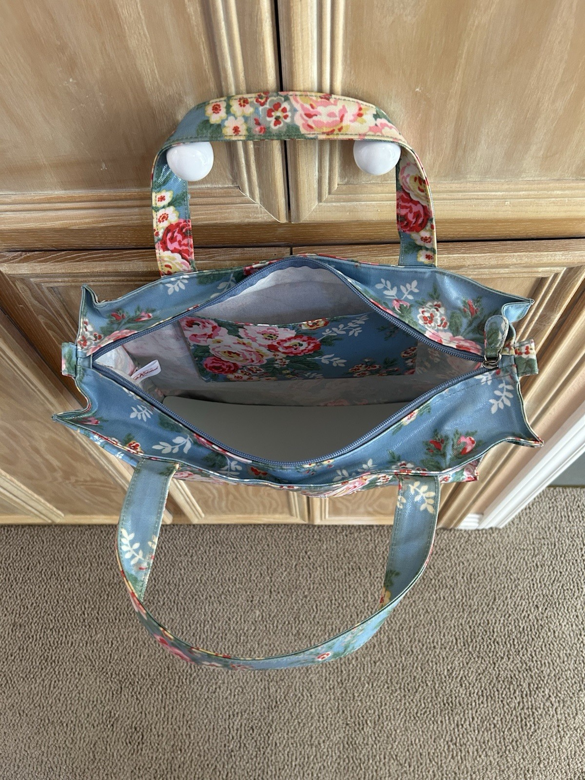 Cath Kidston Tote Bag with Zipper Blue Pink Roses Floral Oilcloth