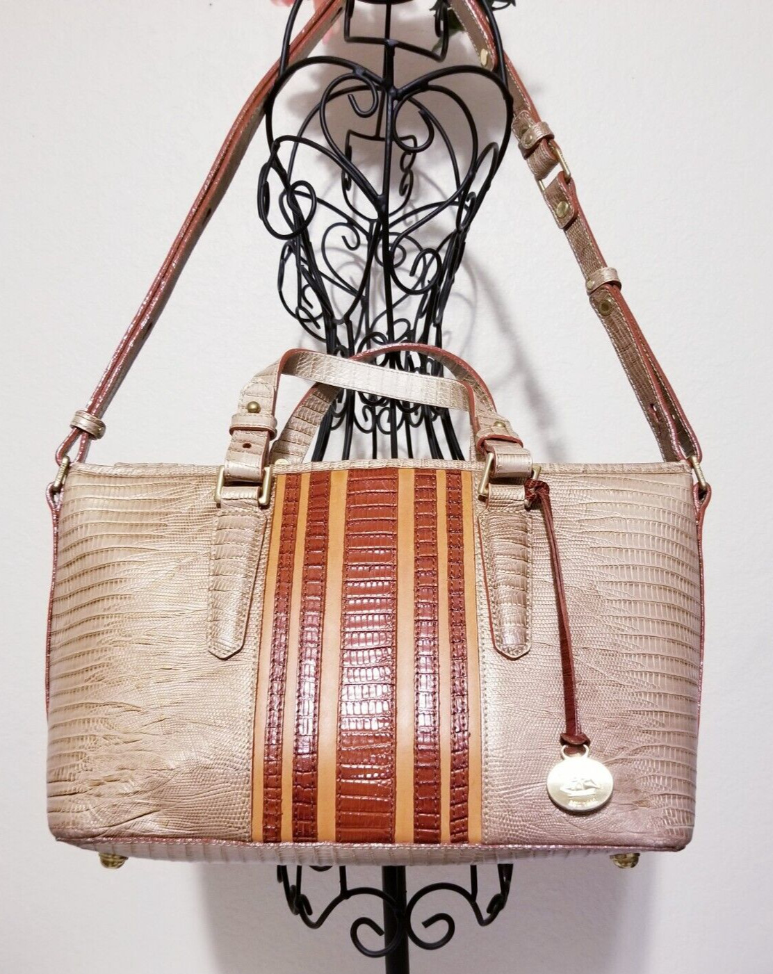 BRAHMIN MINI ASHER in CABANA VINEYARD Cream & Brown GENUINE LEATHER HANDBAG