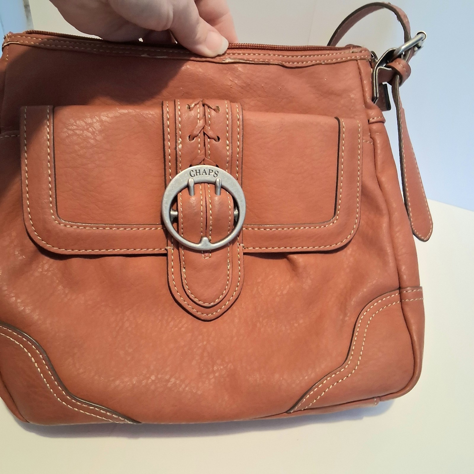 Chaps Crossbody Bag Brown Hobo Vegan Leather Casual Travel Adjustable AS IS