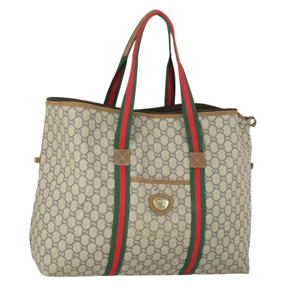 GUCCI GG Plus Supreme Boston Bag PVC Beige Gold Red Auth ka2300