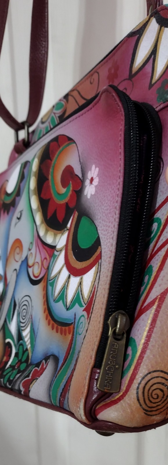 Anuschka Artsy Boho Hand Painted Leather RFID Crossbody In Wine With Elephant