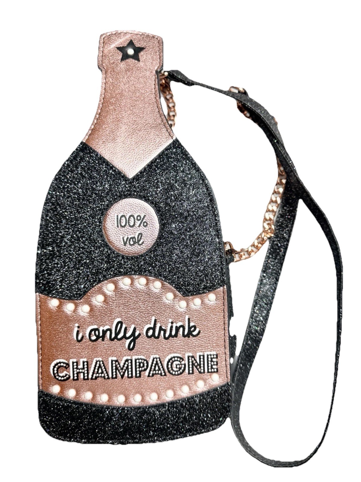 Champagne Bottle Kitsch Novelty Crossbody Bag Purse Glitter Rose Sparkling Wine