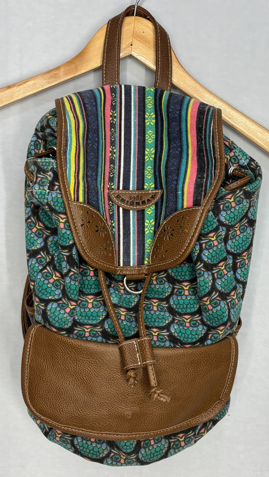 Unionbay Canvas Backpack Owl Print Boho Striped Flap Faux Leather Trim Rucksack