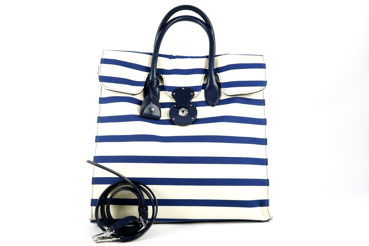 Ralph Lauren Ricky Canvas Tote Bag Color Blue Striped Pattern Used