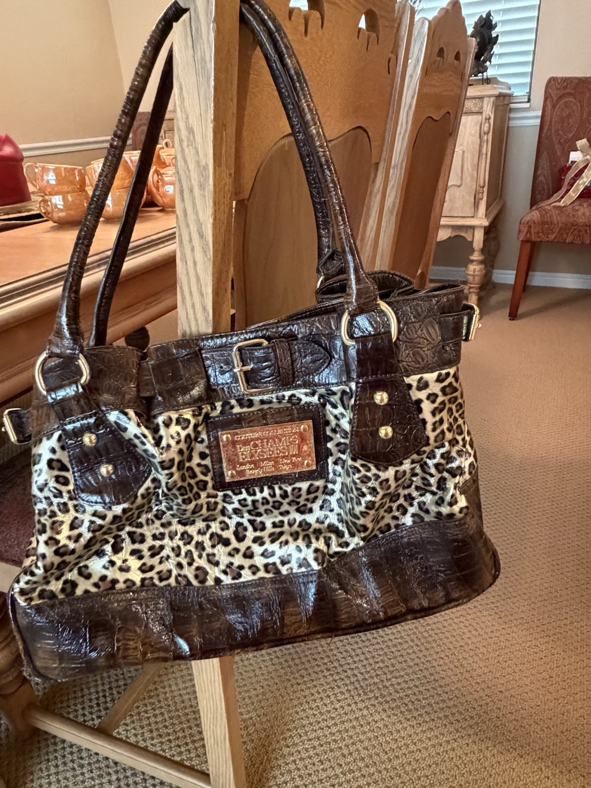 DesChamps Elysées II Couture Collection Leopard Print Brown Shoulder Bag Gold
